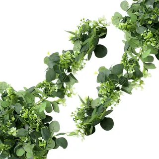 2 Stück Girlande Eukalyptus Deko 1,8m Blumengirlande Künstlich Pflanzen | Eukalyptus Girlande Künstliche Blumen für Hochzeit Garten Indoor Outdoor Deko Wetterfest Weiß Kunstblumen Grüne Blätter