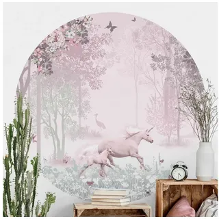 Bilderdepot24 Kindertapete rund Einhorn Blumenwiese Rosa Kinder Wald Bäume, Glatt, Matt, (Vliestapete selbstklebend), Kinderzimmer Babyzimmer Wandtattoo Fototapete Klebe Wandtapete rosa 100 m x 100 m