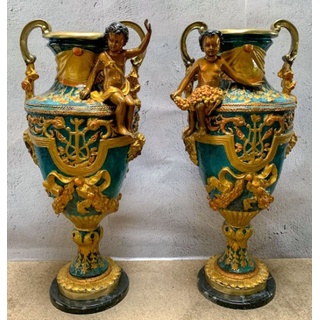 Casa Padrino Luxus Barock Vasen Set Mehrfarbig / Gold / Schwarz 81 x 41 x H. 43 cm - Prunkvolle Bronze Vasen mit Marmorsockel - Barock Deko Accessoires