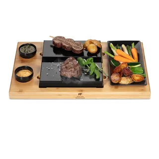 Heisser Stein Grill Steinplatte - Beefstone "Modell DUE" Hot Stone Steak Maker Lavasteine Grill Holzbrett Bambus I Lavastein Steak I Heisser Stein Raclette komplett Set mit 8 Teilen