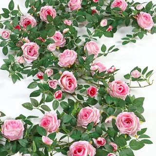 2 Stück Künstliche Blumengirlande Rosa Rosen Eukalyptu Girlande Kunstblumen | Hängend Seidenblumen, Rosengirlande, Dekorative Rosenrebe, Hängepflanze für Hochzeit Tischdeko Party Deko