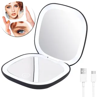 AFKSMILE Kosmetikspiegel Taschenspiegel mit Beleuchtun, Zweiseitiger Handspiegel für Makeup, Wiederaufladbarer Kleiner Reisespiegel mit Licht, 1X/10xVergrößerung schwarz