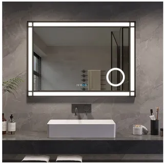 AQUALAVOS Badspiegel LED Spiegel mit Schwarzer Alurahmen Fensteroptik Wandspiegel für Bad, 100x70 120x60cm Digitaluhr Kaltweiß 6400K Dimmbar 3-Fach Vergrößerung 100 cm x 70 cm x 3.3 cm