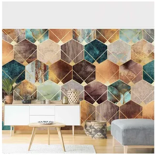 Bilderdepot24 Vliestapete Abstrakt Türkise Geometrie goldenes Art Deco Tapete Wanddeko Modern, Glatt, Matt, (Vliestapete inkl. Kleister oder selbstklebend), Wohnzimmer Schlafzimmer Küche Flur Fototapete Motivtapete Wandtapete goldfarben 2.88 m x 1.9 m