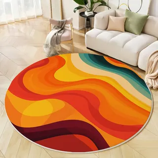 GDJSMIN Teppich Rund 100Cm Teppich Wohnzimmer Buntes Wellenmuster Teppiche Orange Farbe Kurzflor Teppiche Schlafzimmer Für Wohnzimmer Kinderzimmer Schlafzimmer