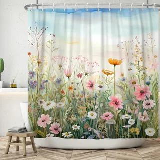 ASDCXZ Blumen Duschvorhang 240x180 cm, Frühling Rose Weiß Gelb Bunt Blumen Grün Blätter Blauer Himmel Bad Waschbar Duschvorhänge Polyester Textil Wasserdicht Badevorhang für Badewanne mit 12 Haken