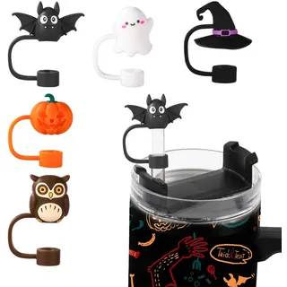 5 x Halloween-Trinkhalm-Abdeckkappen für Stanley-Becher, 1,2 l, gruselige Silikon-Trinkhalm-Aufsatz, Fledermäuse, Kürbis-Strohhalm-Deckel für 10 mm Strohhalme, Trinkbecher, Zubehör