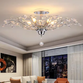 Ganeed Vintage K9 Klare Kristall Kronleuchter Silber 5 Lichter | Deckenbeleuchtung Pendelleuchte Unterputzleuchte für Wohnzimmer Esszimmer Restaurant Veranda Flur