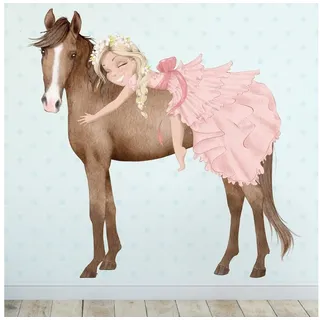 Sunnywall Wandtattoo Prinzessin Mädchen auf Pferd, Wandaufkleber Kinderzimmer, Pferde, selbstklebend, rückstandslos entfernbar braun