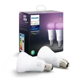 Philips LED-Lampe Hue White Color Ambiance, E27, 9W ersetzt 60W, RGBW, App-fähig, ZigBee, 2 Stück