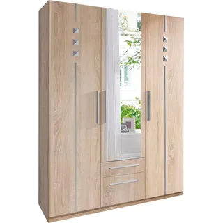 Kleiderschrank PRIESS, braun (struktureichefarben hell), B:140cm H:193cm T:54cm, Holzwerkstoff, Schränke, Kleiderschrank, 1-bis 5-türig, mit silberfarbigen Applikationen