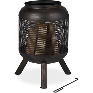 Relaxdays Feuerkorb, Mesh Design, Feuerrost, Schürhaken, HxD: 69 x 44 cm, Feuertonne, gebürsteter Stahl, schwarz-Bronze