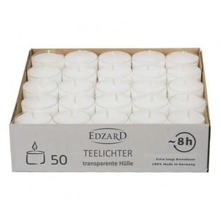 EDZARD 50 Stück WENZEL Nightlights Teelichtkerzen Teelichter, weiß, transparente Hülle, Brenndauer ca. 8 h