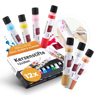 Brandalo® Kerzenstifte Set 12x30ml, Kerzen bemalen & verzieren, Wachsstifte | Kerzenmalstifte für Taufkerze & Hochzeitskerze selber machen – Candle Pen, Stifte zum Kerzen anmalen, gestalten & dekorieren