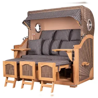 Mr. Deko Strandkorb - bene living - Ammersee Grande XXL Teak Bullauge - PE grau - Modell 500 - 3-Sitzer inkl. Liftersystem