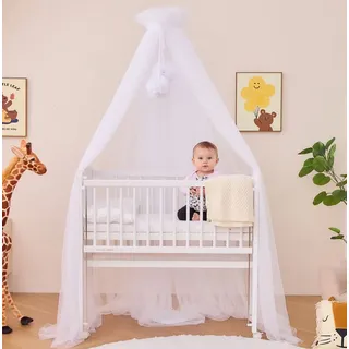 Betthimmel Tüll für Babybett & Wiege – Moskitonetz mit 2 Bommeln und Himmelstange, 120cm lang Babyzimmer Deko Schützt & Verzaubert Ihr Baby im... - Weiß