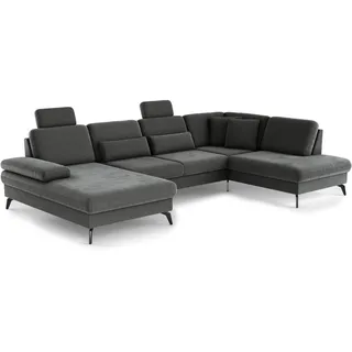 Cavadore Wohnlandschaft Moritz / Sofalandschaft mit Longchair im trendigen Design, Sitztiefenverstellung, Kopfstützen und mattschwarzen Metallfüßen / 335 x 82-107 x 212 / Mikrofaser, Grauoliv
