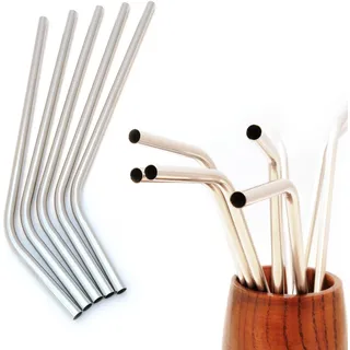 Ganzoo Trinkhalme aus Edelstahl, wiederverwendbar und geschmacksneutral - Metall Strohhalme, spülmaschinenfest - Farbe Silber - Länge 20 cm, Durchmesser 6 mm - 5er Set für Cocktails, Smoothies