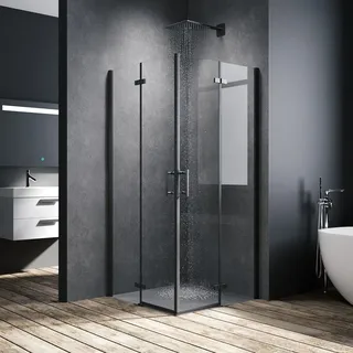SONNI Schwarzes Duschabtrennung 100x100x195cm Pendeltür Falttür Eckdusche  6mm NANO Klarglas Drehfalttür Eckeinstieg Bad - Schwarz