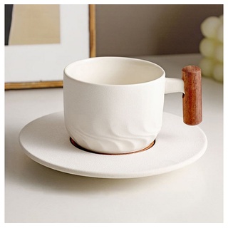 Dekorative Kaffeeservice Keramik Kaffeebecher Set, Cappuccino Tassen mit Unterteller, Holzgriff (1-tlg) weiß