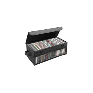 Dntorx CD Aufbewahrungsbox, 36 x 16 x 14 cm Ständer mit Griffen Deckel und Sichtfenster, Stapelbare CD Organizer DVD Aufbewahrung Behälter CD Box Fasst bis zu 32 CDs in vollen Juwelenhüllen (Schwarz)
