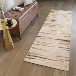 TAPISO Sari Teppich Läufer Flur Meterware Beige Braun Gestreift Modern Kurzflor Küche Wohnzimmer Brücke nach Maß Küchenläufer ÖKOTEX 80 x 120 cm