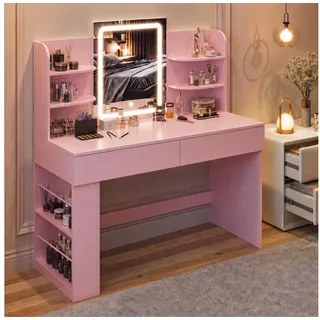 HOMALL Schminktisch mit Spiegel, LED-Beleuchtung, einstellbare Helligkeit, ostern (Langex Brete x Hthe) 90/110 x 40x 135 cm. B ofene Facher (2 seitiche Facher sind nach inks und rechts verschiebban. 2 groBe Schubladen) rosa 110 cm