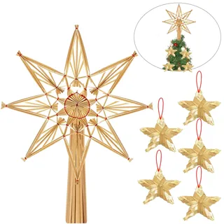 Weihnachtsbaumspitze Stern aus Stroh, 25cm Strohsterne Christbaumschmuck mit 5pcs Mini Strohstern, Christbaumspitze, Natur Strohstern-Spitze für den Weihnachtsbaum, Weihnachtsbaumschmuck