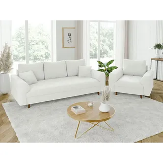 S-Style Möbel Polstergarnitur 3+1 Leif mit Braun Holzfüßen im skandinavischen Stil aus Boucle-Stoff, (1x 3-Sitzer-Sofa, 1x Sessel), mit Wellenfederung weiß