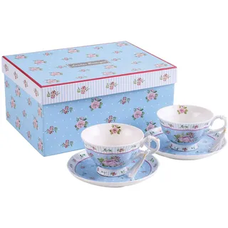Kaffeetassen und Untertassen, Set mit 2 Vintage-Blumen, Blumen, Rosen, Lavendel, Geschenkbox (blaues Set 2)