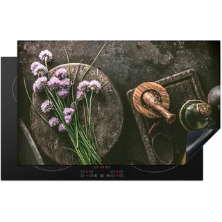 KitchenYeah© Herdabdeckplatte Einteilig Ceranfeld Abdeckplatte Küche Deko Ceranfeldabdeckung Herdabdeckung Induktionsmatte Kräuter - Industrial - Gewürze - Braun - 85x52 cm