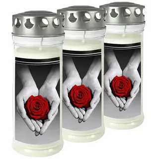 JEKA-Motivkerze "Rose/Hand", 100% Pflanzenöl, Brenndauer bis 7 Tage, 75/215 mm, 3 St.