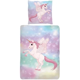 Traumschlaf Kinderbettwäsche Einhorn 100% Baumwolle Pink 135 x 200 cm + 80 x 80 cm