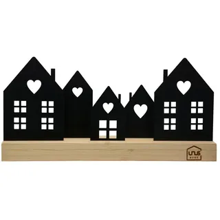 UNUS HOME Dekofigur Aufsteller Häuser Stadt (5 Häuser, schwarz), Häuser-Silhouette aus Metall und Bambus-Holz Wohndekoration schwarz