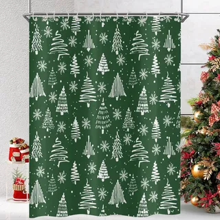Hnmdmyi Duschvorhang Weihnachten 180x180, Grün und Weiß Weihnachtsbaum Winter Schneeflocke Happy New Year Urlaub Badewanne Vorhang Wasserdicht Polyester Stoff Waschbar Badevorhang mit Haken