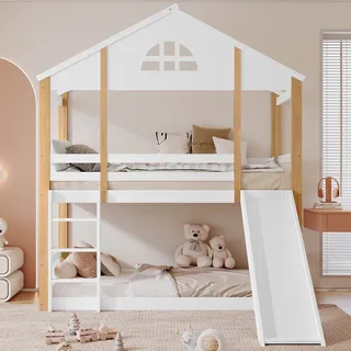 Etagenbett Kiefernholz Und Mdf Weiß/natur 90x200 Cm Mit Rutsche, Treppe Und Haus-design