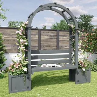Httcg Pflanzkübel Pflanzkasten mit Rankgitter und Sitz, Blumenkasten Holz mit Gewölbtes Design und Rückenlehne, Pflanzkübel Outdoor für Garten Hof Terrasse, Mehrzweck Gartenmöbel, Grau