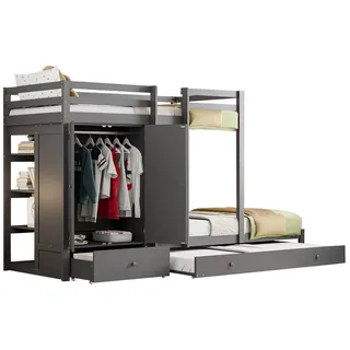 Merax Etagenbett mit Kleiderschrank und Bücherregal, Hochbett mit Ausziehbett, Kinderbett Kiefer mit Leiter grau