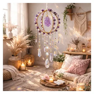 Karmandala Traumfänger Fenster Sonnenfänger mit Kristall, echte Edelsteine, mit Regenbogen Lichtspiel in die Traumwelt lila