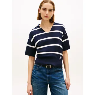 Strickpullover TOMMY HILFIGER "CO FULL NEEDLE POLO SS SWT", Damen, Gr. L (42/44), big stp schwarz night, ivory petal, Strick, Obermaterial: 100% Baumwolle, gestreift, regular fit normal, V-Ausschnitt, Pullover Strickpullover, mit V-Ausschnitt