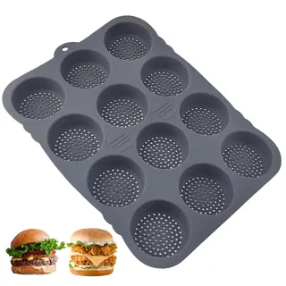 Jjqieosjeog Burger Buns Backform Rund, Mit 12 Fächern Ø je 8 cm, Silikon Burger Buns Backform, Brotbackform, Zubehör für die Küche, für Hamburger, Brot (39.5 × 29 × 3 cm) (Schwarz)