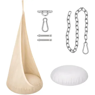 Clever Leon Hängesessel Kinder mit Kette, Hängeschaukel, 60 kg, Beige | Komplettset für Kinder, 100 % Baumwolle, 50 cm Kettenverlängerung, Karabiner, bis 60 kg, für Kinderzimmer, Garten, Balkon
