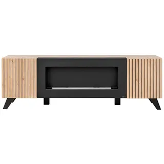 Raumhirsch Furniture Lowboard TV Schrank, TV-Möbel, Fernsehschrank, TV-Kommode (Maße: 160 x 45 x 52 cm (mit Bioethanol-Kamin und 2 Türen), Natürliche Holzoptik mit schwarzen Zierstreifen, Industrialer Wohnstil