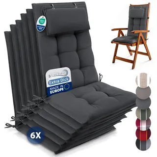 Beautissu 6er Set Premium Hochlehner Auflage mit Kopfpolster 120x50cm Sun-HL – 8cm Dick Polster Gartenstuhlauflage rutschfest Befestigungsbänder UV-Lichtechtheit 5 – Robust Stoff Uni Anthrazit