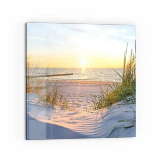 DEQORI Küchenrückwand 'Abendsonne an der Ostsee', Glas Spritzschutz Badrückwand Herdblende beige|blau|gelb 60 cm x 60 cm