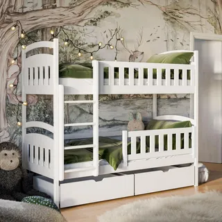 Kids Collective Hochbett 90x200 cm Etagenbett mit Zwei Schubladen, Lattenrost, Rausfallschutz, umbaubar in Zwei Einzelbetten, Funktionsbett Kinderbett weiß 90x200 cm von 4. bis 18. Lebensjahr