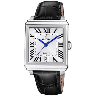 Festina Herren-Armbanduhr Rechteckig mit Lederband Silber / Schwarz | Gr.: onesize