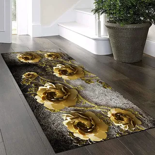 3D Blume Teppich Läufer Flur Küche Rutschfest Waschbar Teppichläufer Lang 100x320cm Schwarz/Gold Küchenläufer Meterware Korridor Tepiche Kücheteppich Schlafzimmer Wohnzimmer Flurmatten Breit 40-140Cm