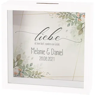 Herz & Heim® Personalisierter Bilderrahmen als Spardose mit Namen & Datum – Geschenk zur Hochzeit, Verlobung oder zum Valentinstag – Bilderrahmenspardose aus Holz & Glas (Liebe)