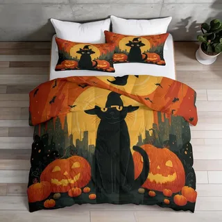 3-teiliges Bettdecken-Set ohne Bezug 200 x 200 cm mit Kissenbezügen 80 x 80 - Halloween-Motive mit Katze, Fledermaus und Kürbislaterne, waschbare...